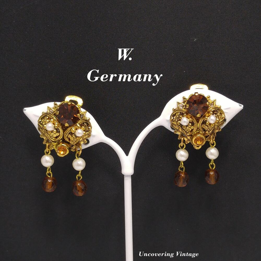 Western Germany Topaz Filigree Clip Earrings, Faux Pearls, 1950s Vintage Jewelry